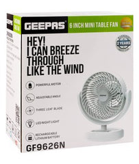 Geepas 6 Inch Mini Table Fan With LED Light - Gf9626N
