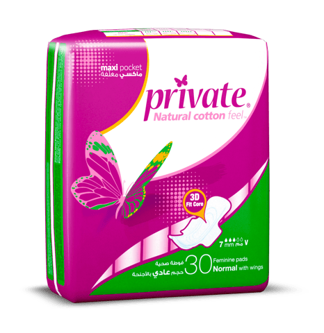 Private Natural Cotton Feel Normal Pads with Wings 30 Per Pack
