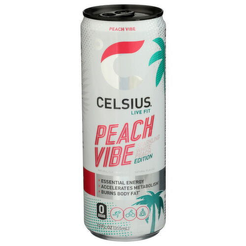 Celsius Fat Burner Sparkling Drink Peach Vibe Flavor - gluten free, sodium free, vegan