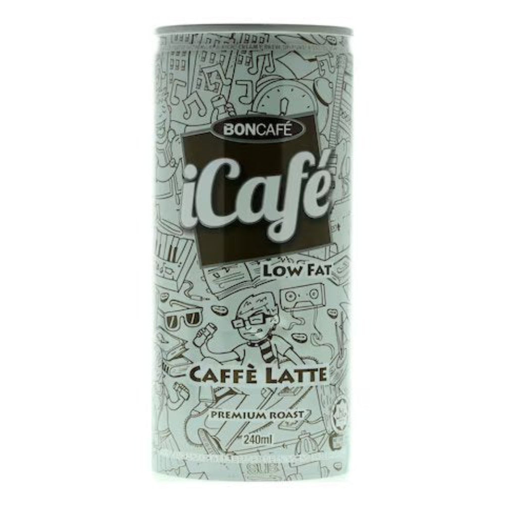 Boncafe iCafe Caffe Latte can with illustrations on a white background