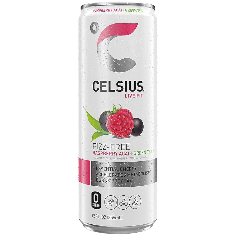 Celsius Green Tea Energy Drink Raspberry & Acai Flavor - GMO free, sugar free, vegan