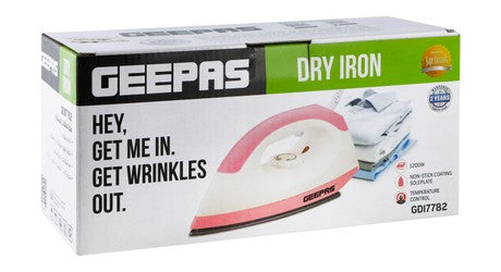 Geepas 1200w Non-Stick Soleplate Dry Iron - White & Pink, Gdi7782